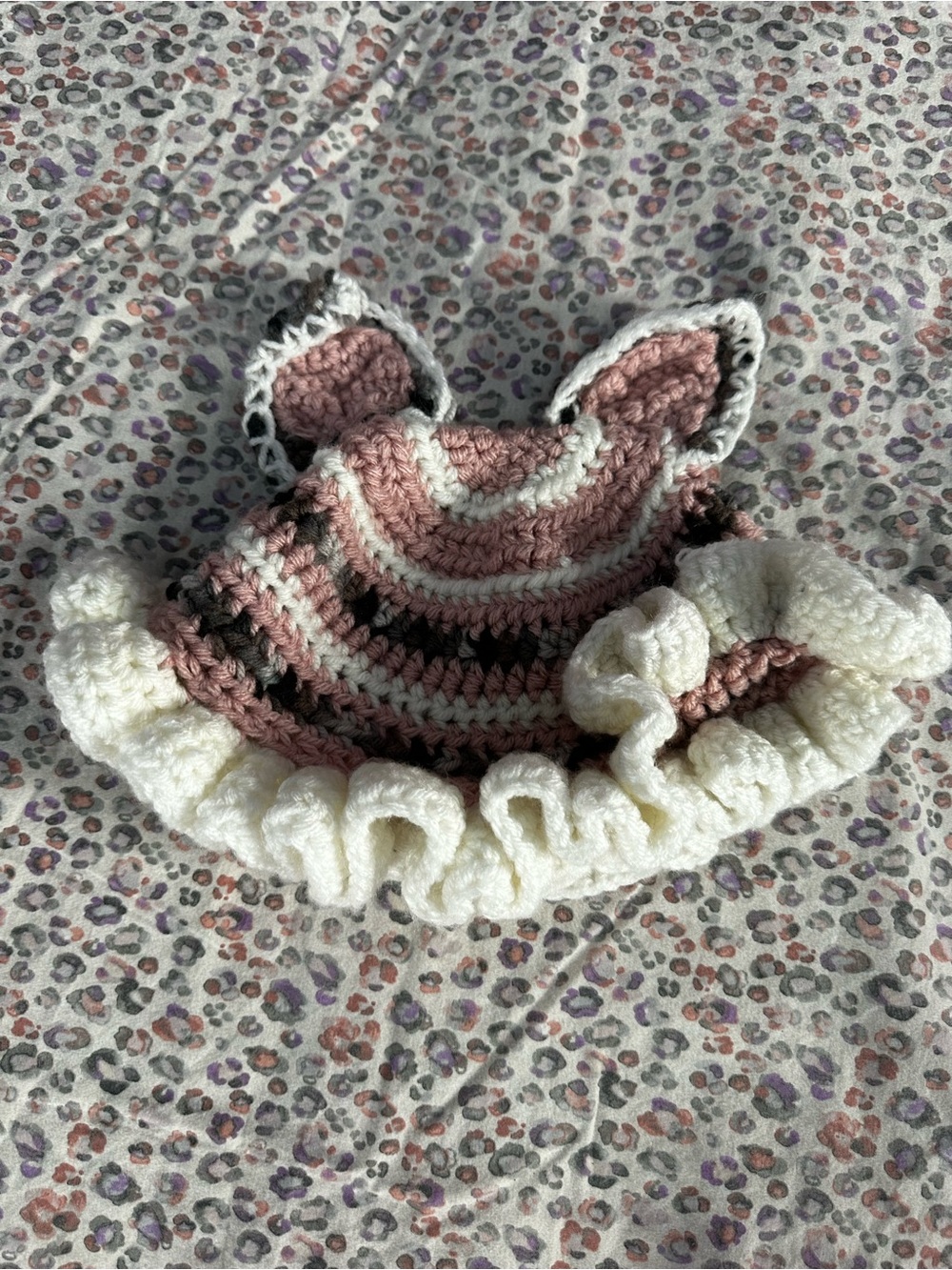 Handmade Pink and White Crochet Kids Hat with Ear Detail